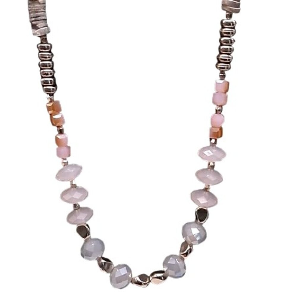 Long Beaded Necklace Pastel Colored Beads Silver-tone Delicate Beaded Chain